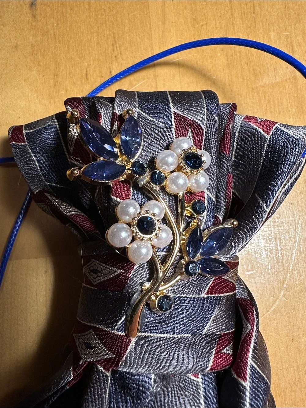 Haggar Navy, Burgundy & Gray Floral Silk Necklace Tie with Pearl Pin